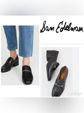 Sam Edelman Jamille Black Leather Loafers with Gold Horsebit